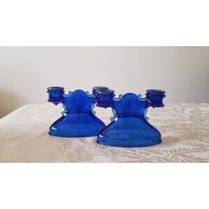 LE Smith Double Candle Holders Cobalt Blue Set Of 2 Depression Glass Vintage